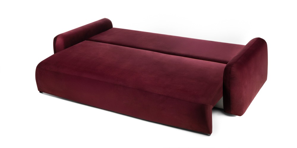 Sofa z funkcją i pojemnikiem Hoschi, obła, welurowa, burgund