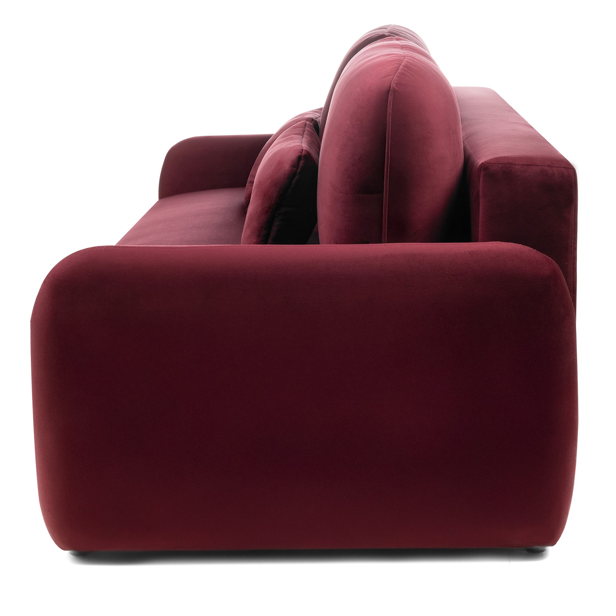 Sofa z funkcją i pojemnikiem Hoschi, obła, welurowa, burgund