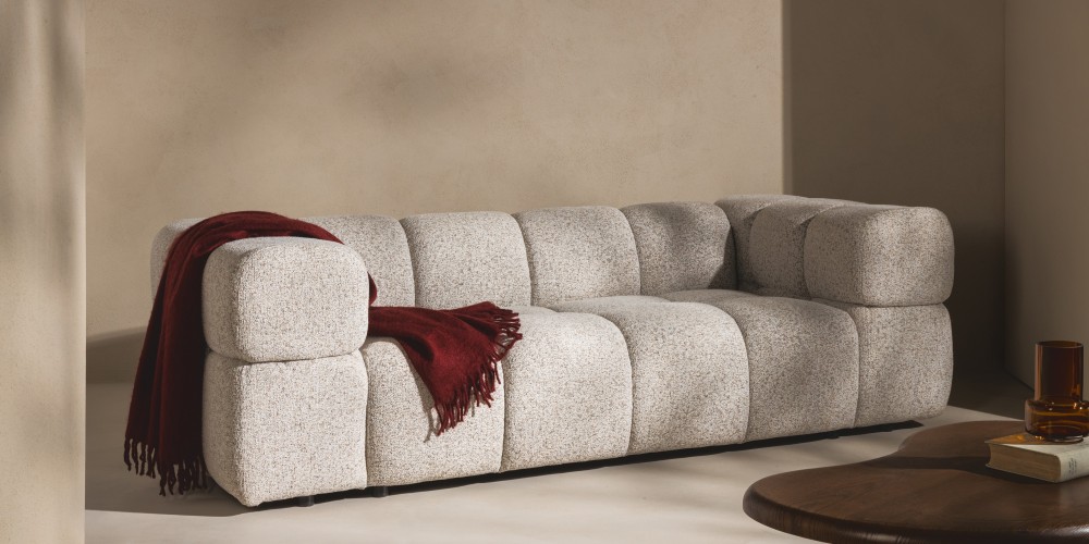 Sofa Formo obłe kształty, szarobeżowy melanż, nowoczesna