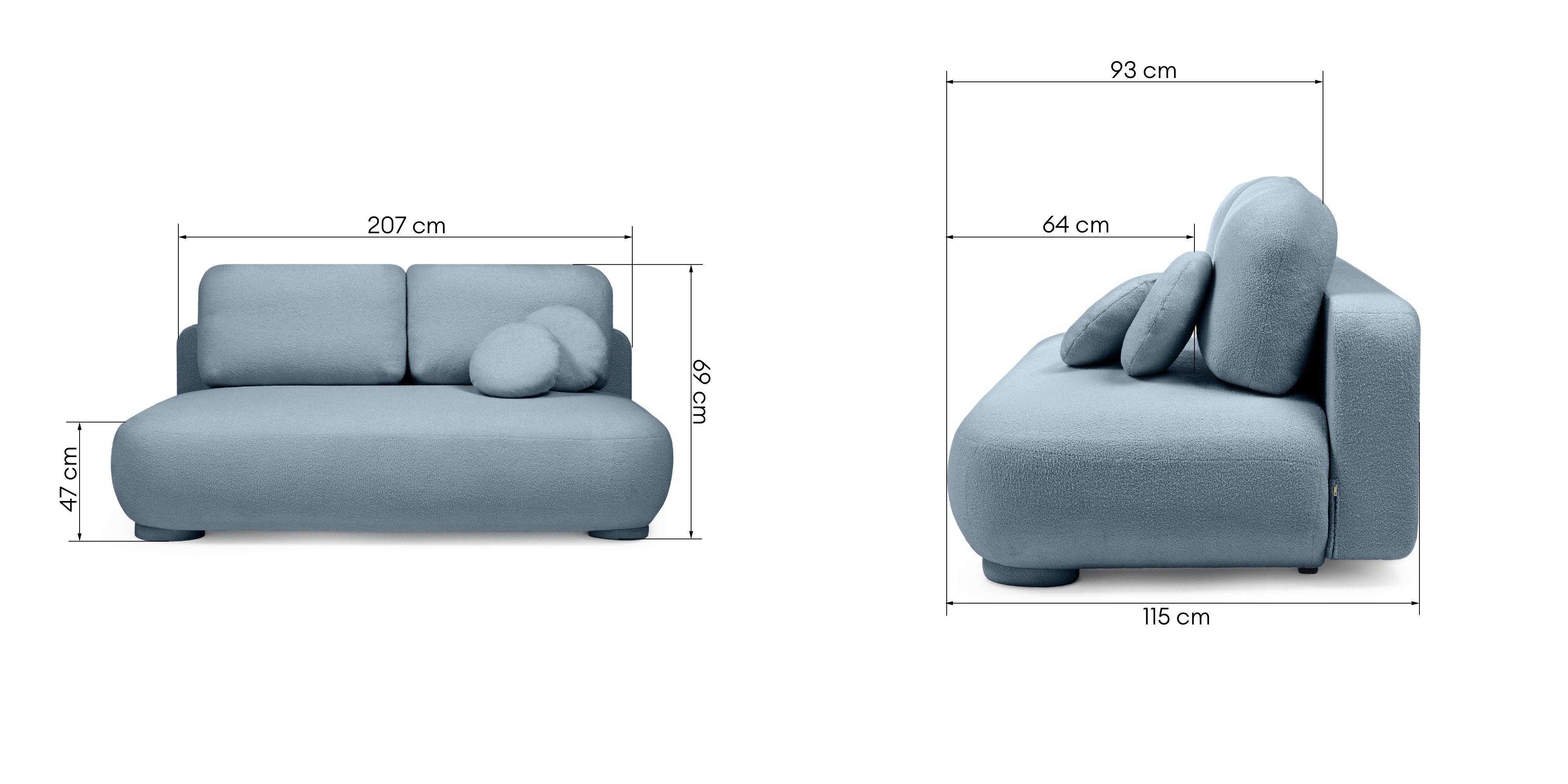 Sofa z funkcją spania i pojemnikiem Mikado, niebieska boucle