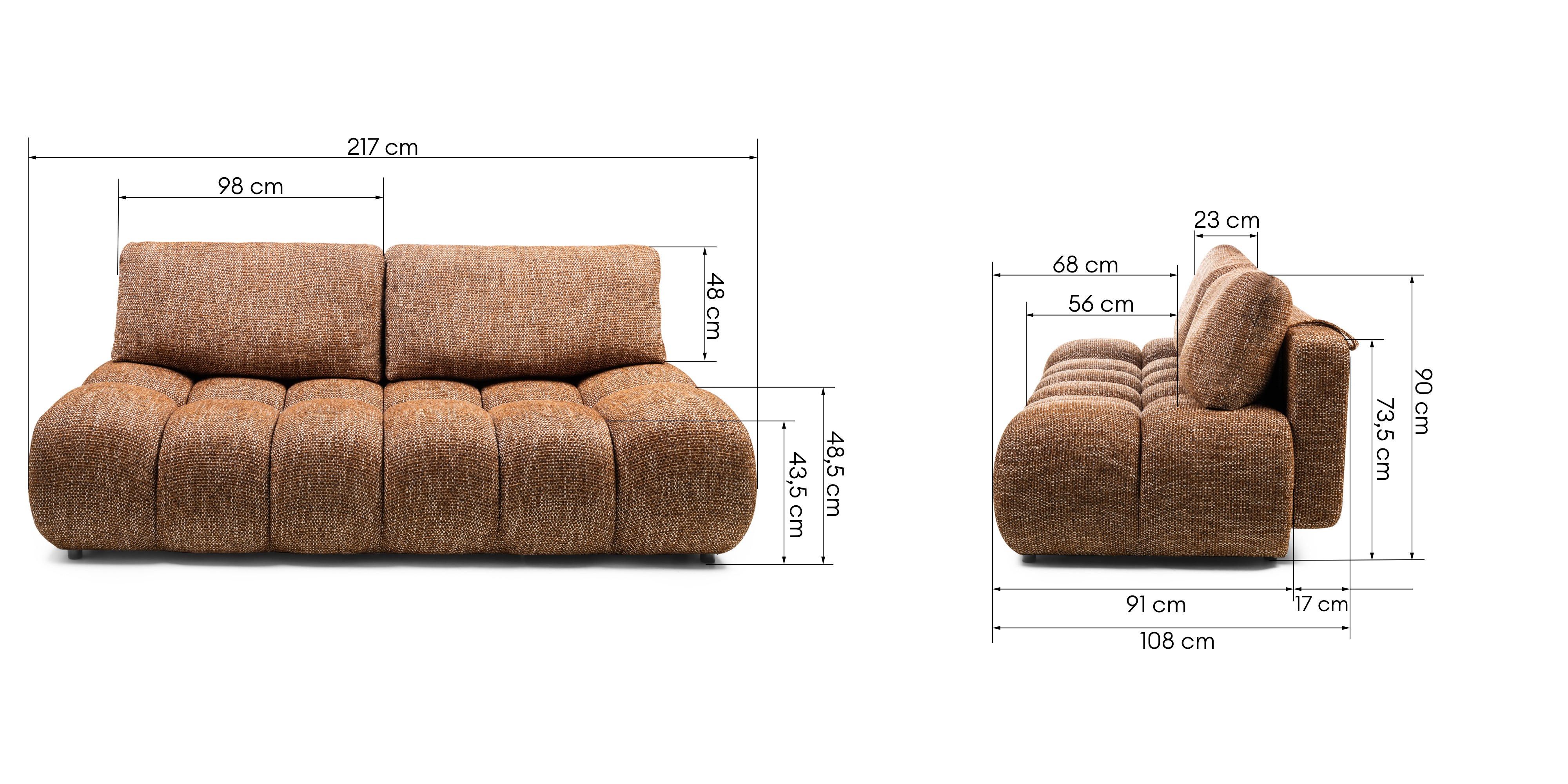 Sofa z funkcją spania i pojemnikiem Fiera, cynamonowa, obłe kształty