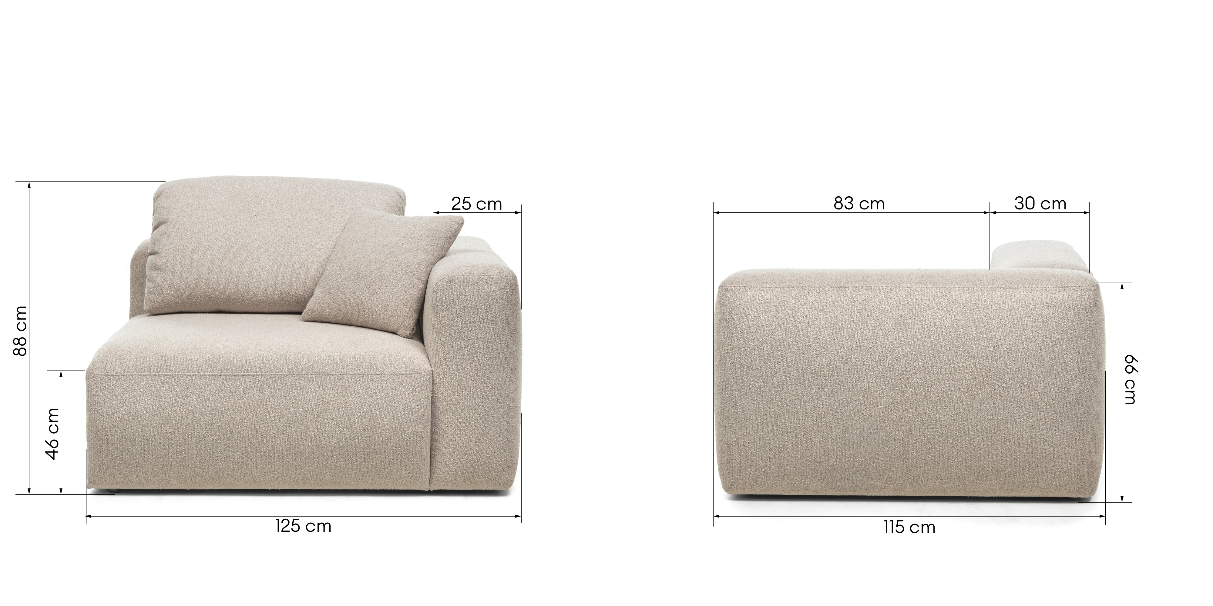 Moduł prawostronny Agio 125 cm, szarobeżowy, boucle