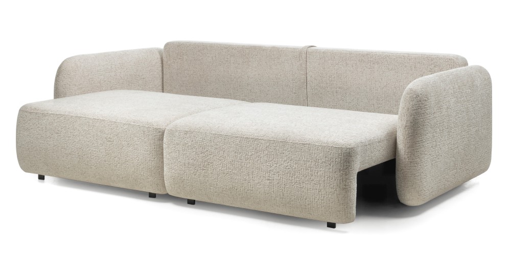 Sofa rozkładana Botse 2P z pojemnikiem, jasnobeżowa, obłe kształty