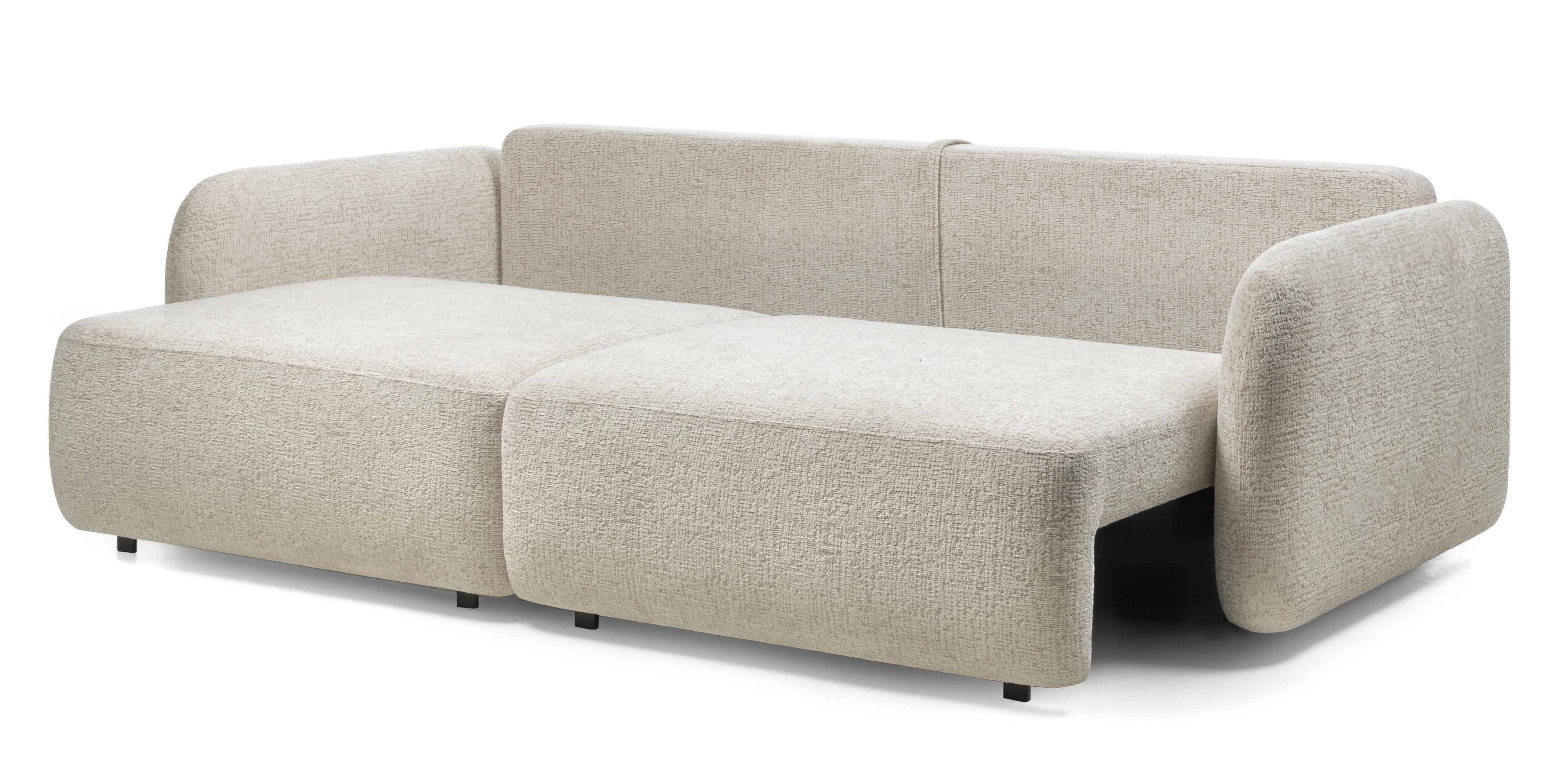 Sofa rozkładana Botse 2P z pojemnikiem, jasnobeżowa, obłe kształty