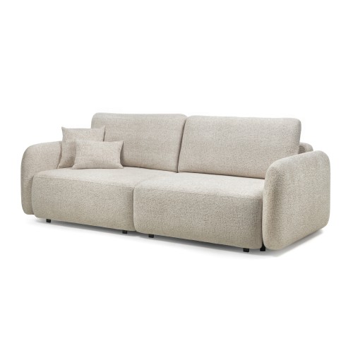 Sofa rozkładana Botse 2P z pojemnikiem, jasnobeżowa, obłe kształty