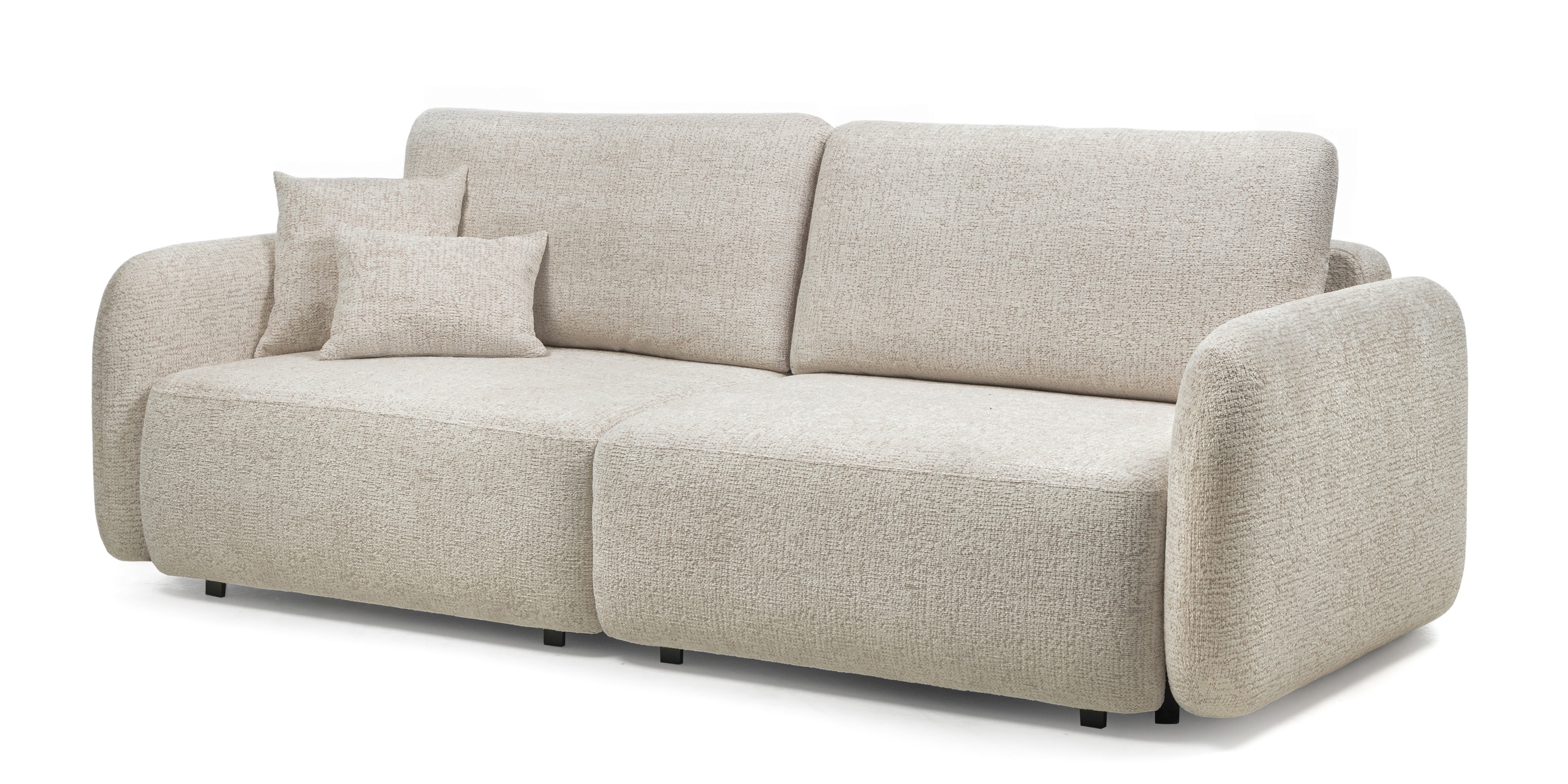 Sofa rozkładana Botse 2P z pojemnikiem, jasnobeżowa, obłe kształty