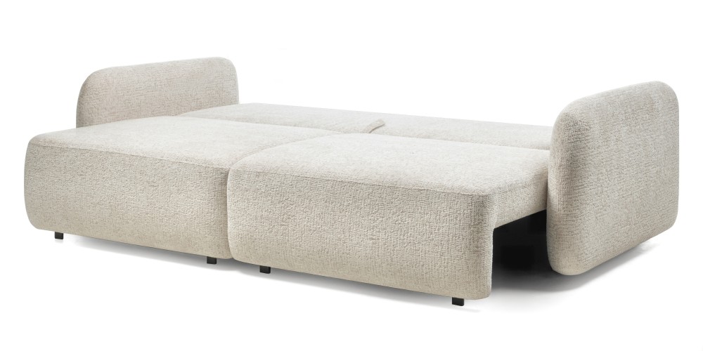 Sofa rozkładana Botse 2P z pojemnikiem, jasnobeżowa, obłe kształty
