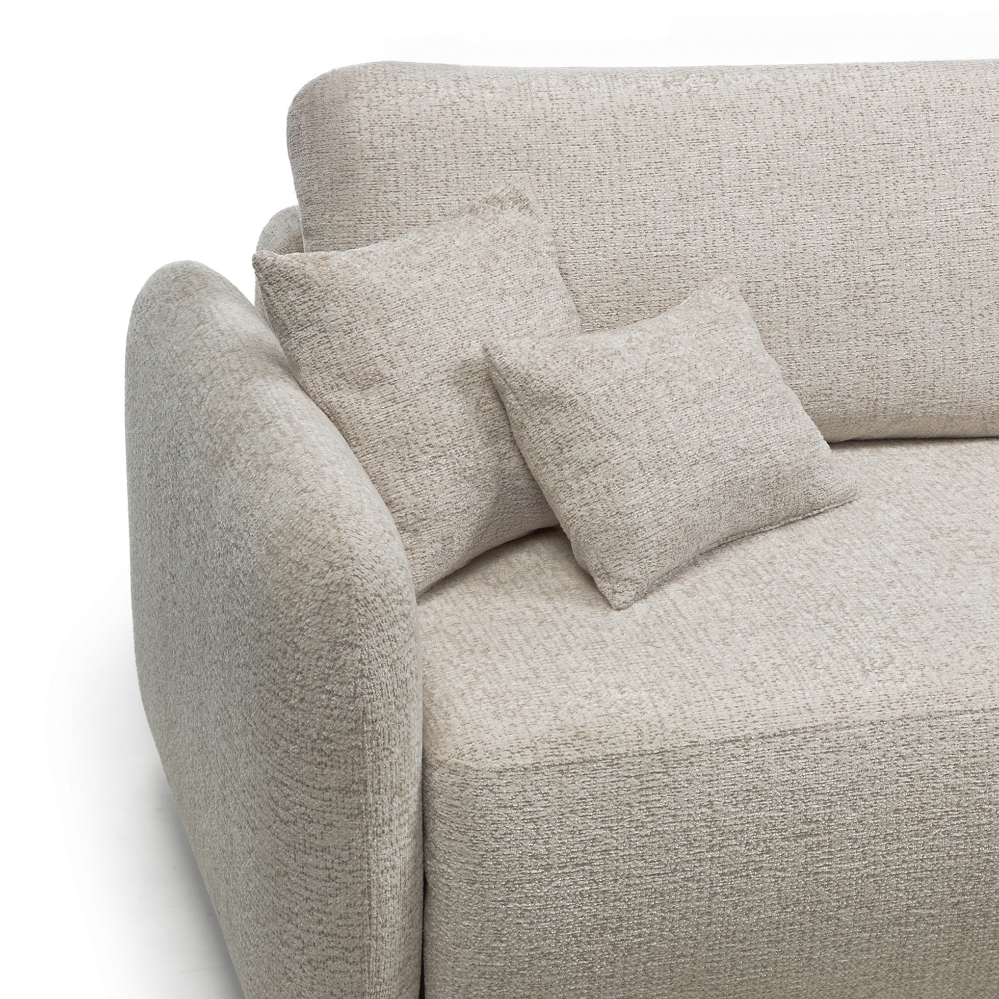 Sofa rozkładana Botse 2P z pojemnikiem, jasnobeżowa, obłe kształty