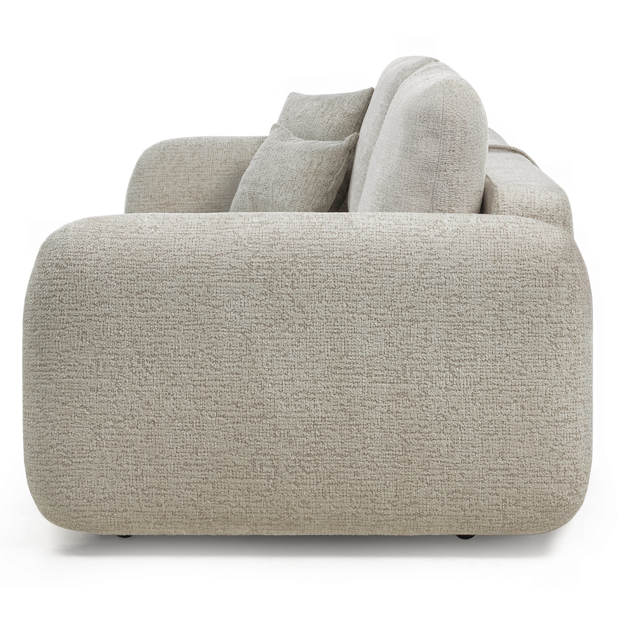 Sofa rozkładana Botse 2P z pojemnikiem, jasnobeżowa, obłe kształty