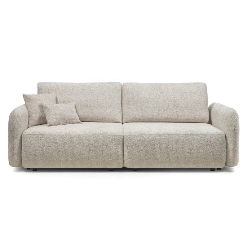 Sofa rozkładana Botse 2P z pojemnikiem, jasnobeżowa, obłe kształty
