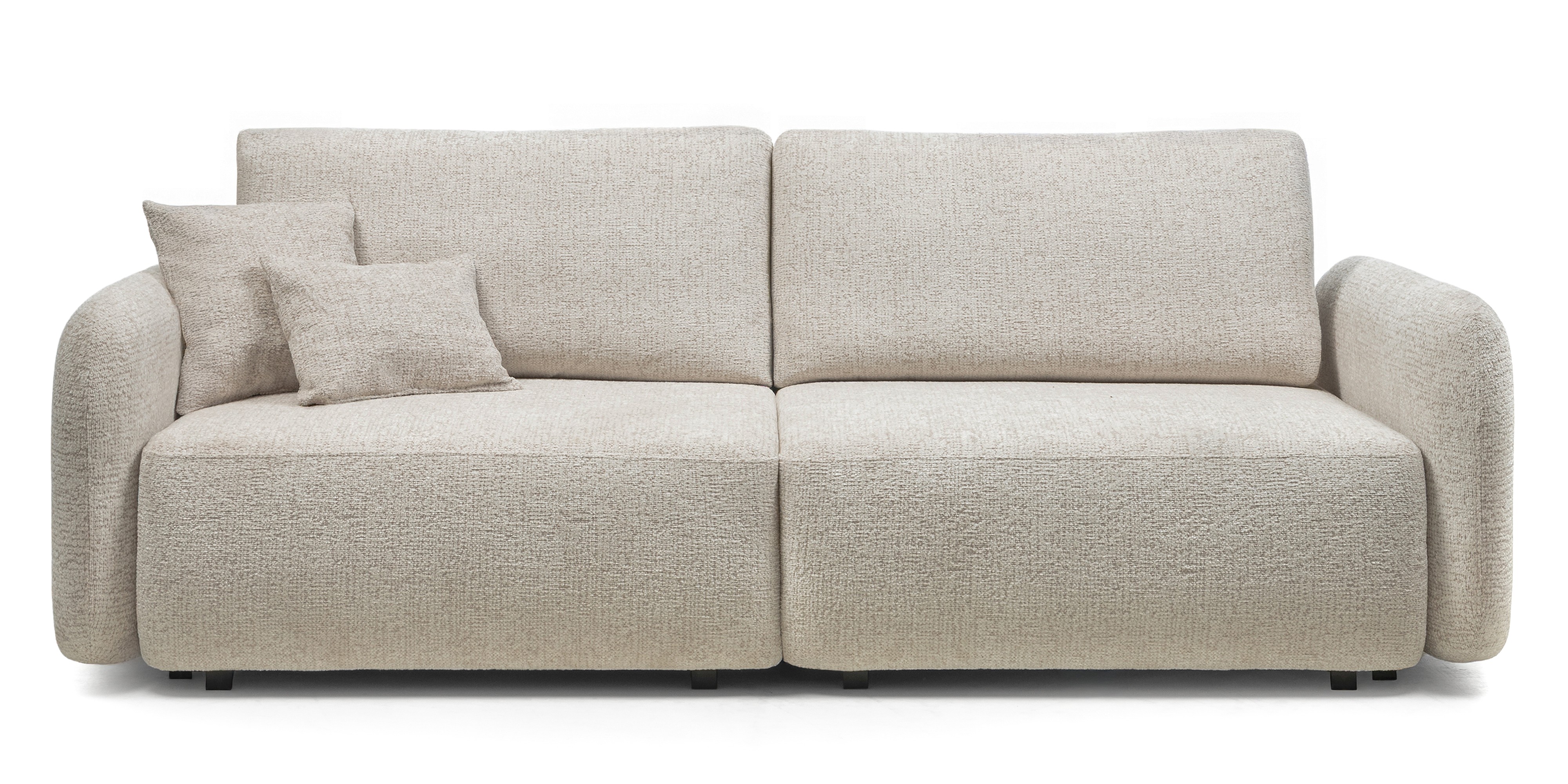 Sofa rozkładana Botse 2P z pojemnikiem, jasnobeżowa, obłe kształty