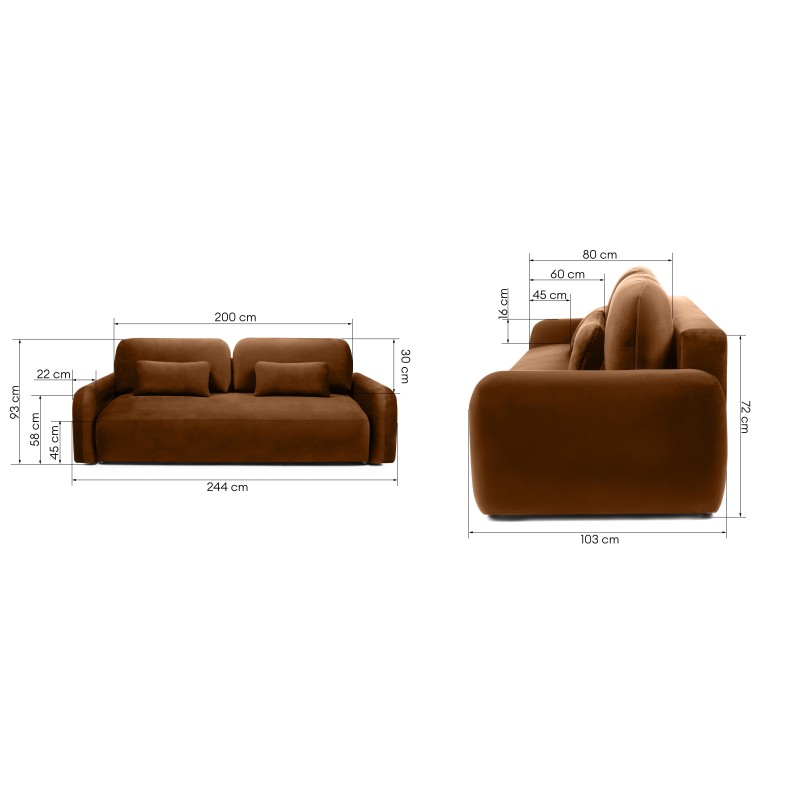 Sofa z funkcją i pojemnikiem Hoschi, welurowa, miedziana