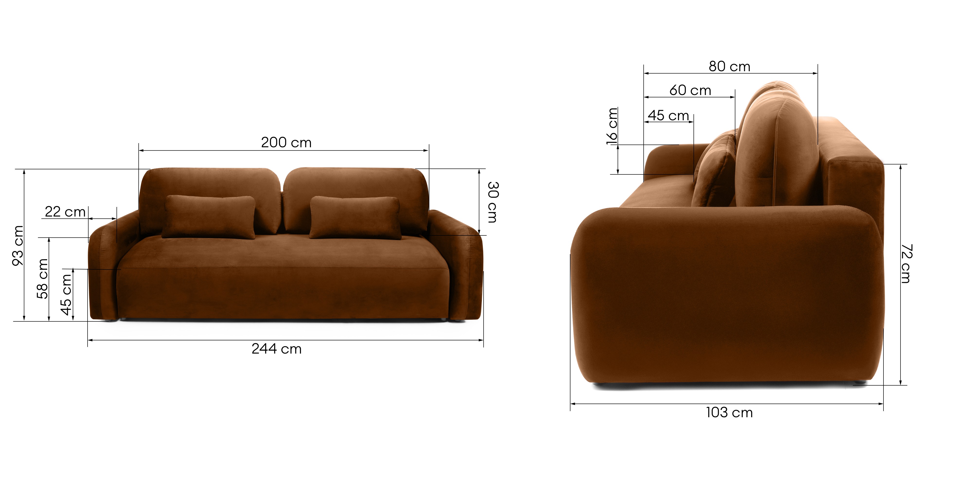 Sofa z funkcją i pojemnikiem Hoschi, welurowa, miedziana