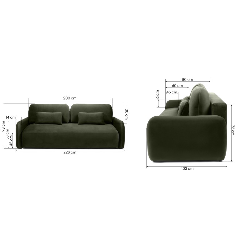 Sofa z funkcją, pojemnik Hoschi Slim, obła, welurowa, oliwkowozielona