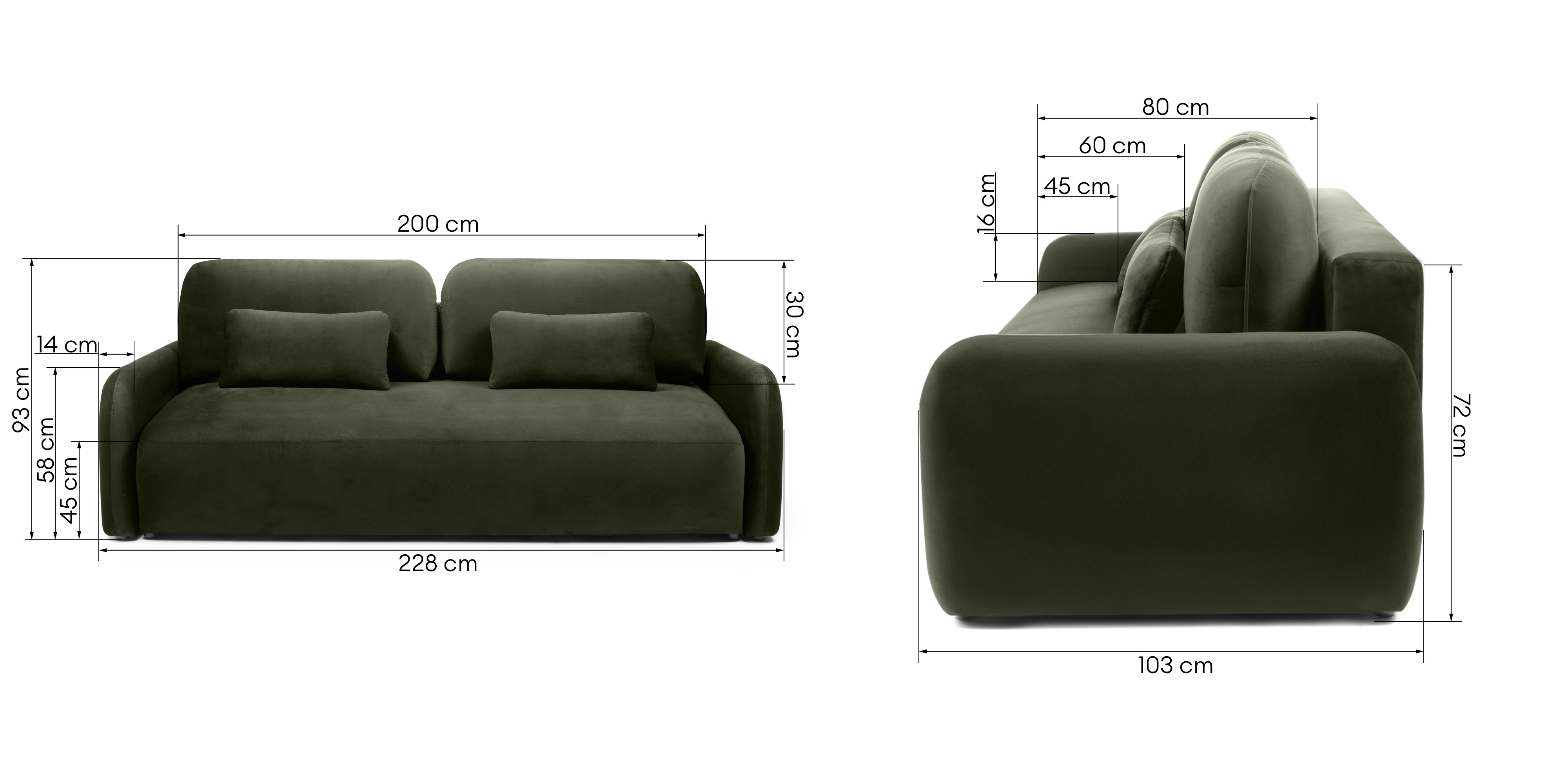 Sofa z funkcją, pojemnik Hoschi Slim, obła, welurowa, oliwkowozielona