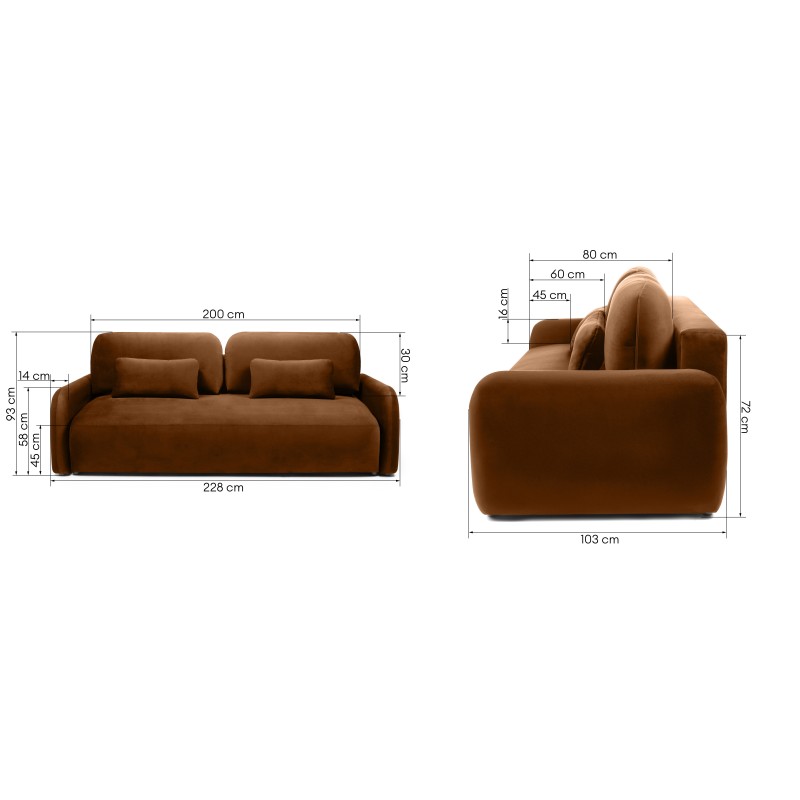 Sofa z funkcją, pojemnik Hoschi Slim, obła, welurowa, miedziana