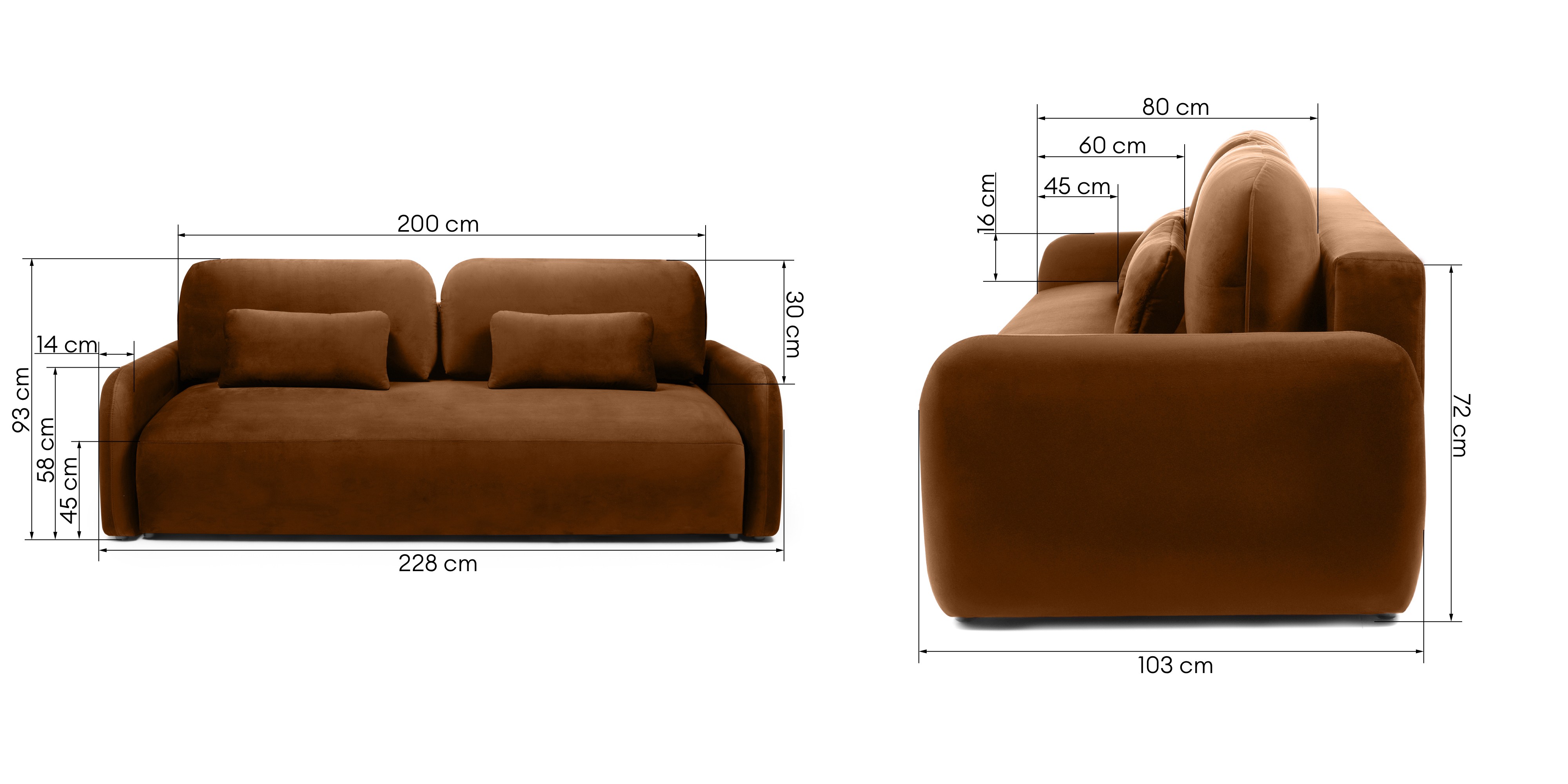 Sofa z funkcją, pojemnik Hoschi Slim, obła, welurowa, miedziana