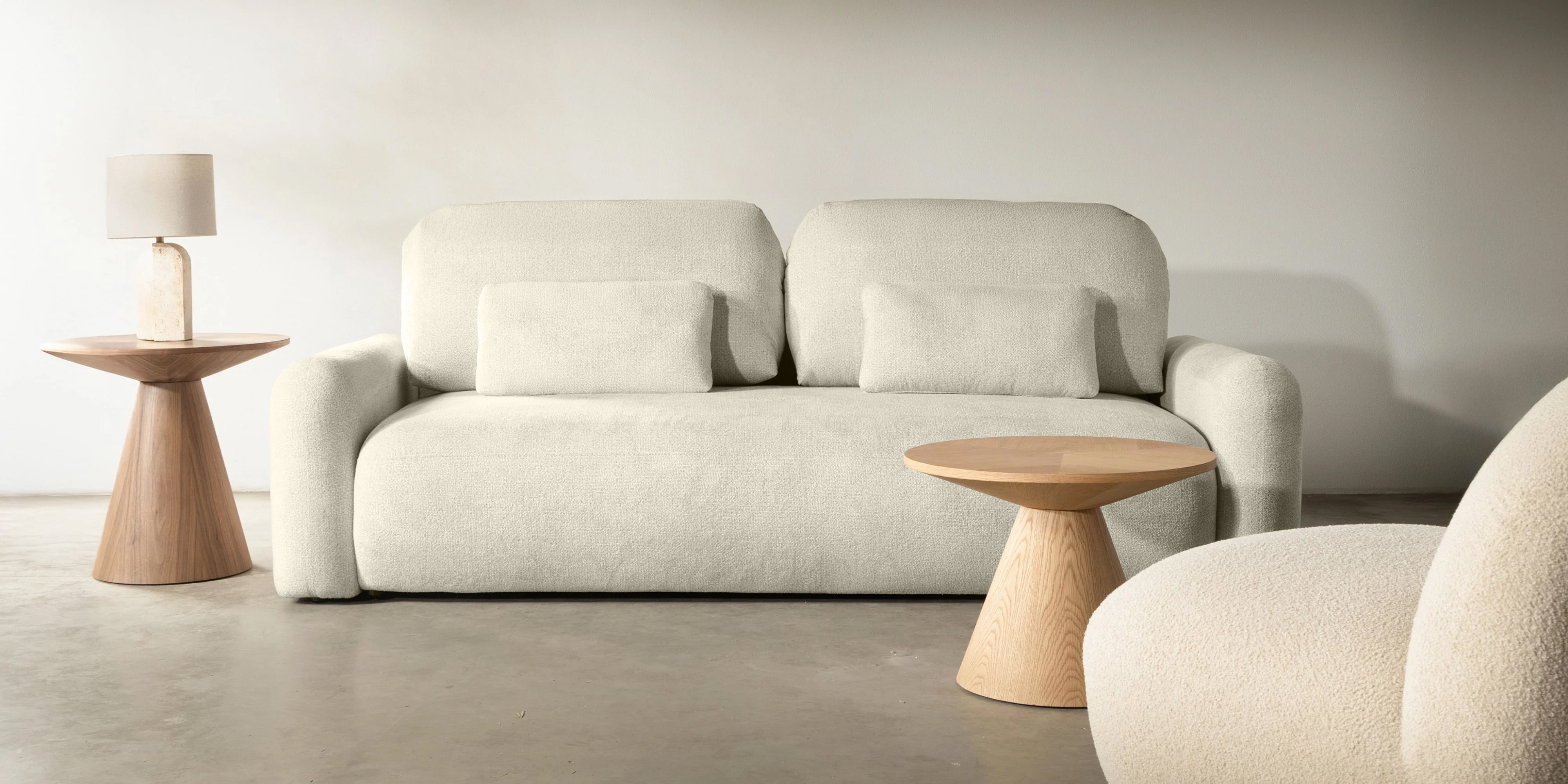 Sofa z funkcją i pojemnikiem Hoschi jasnobeżowy melanż, obła