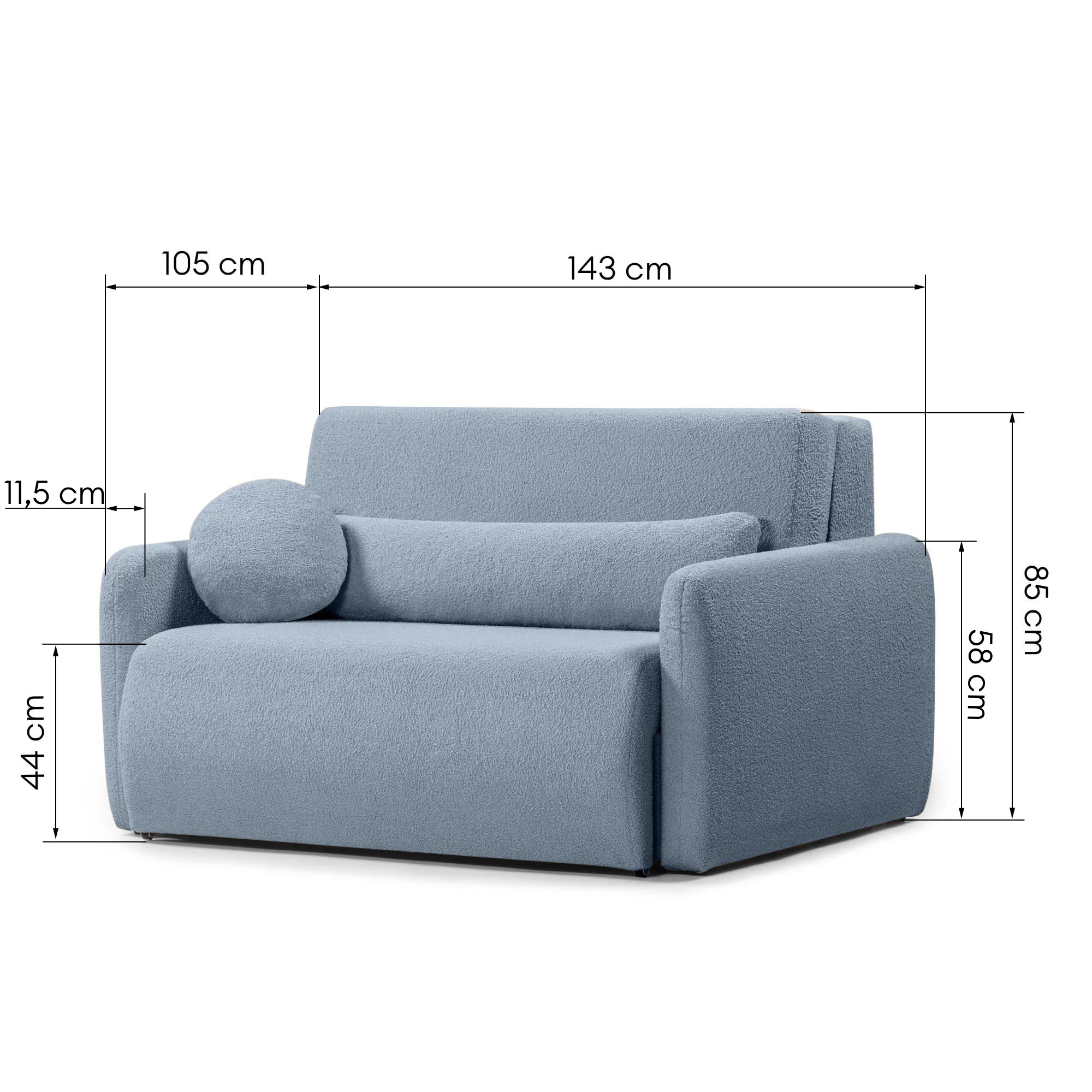 Dwuosobowa sofa rozkładana z pojemnikiem Diosa, niebieska, boucle