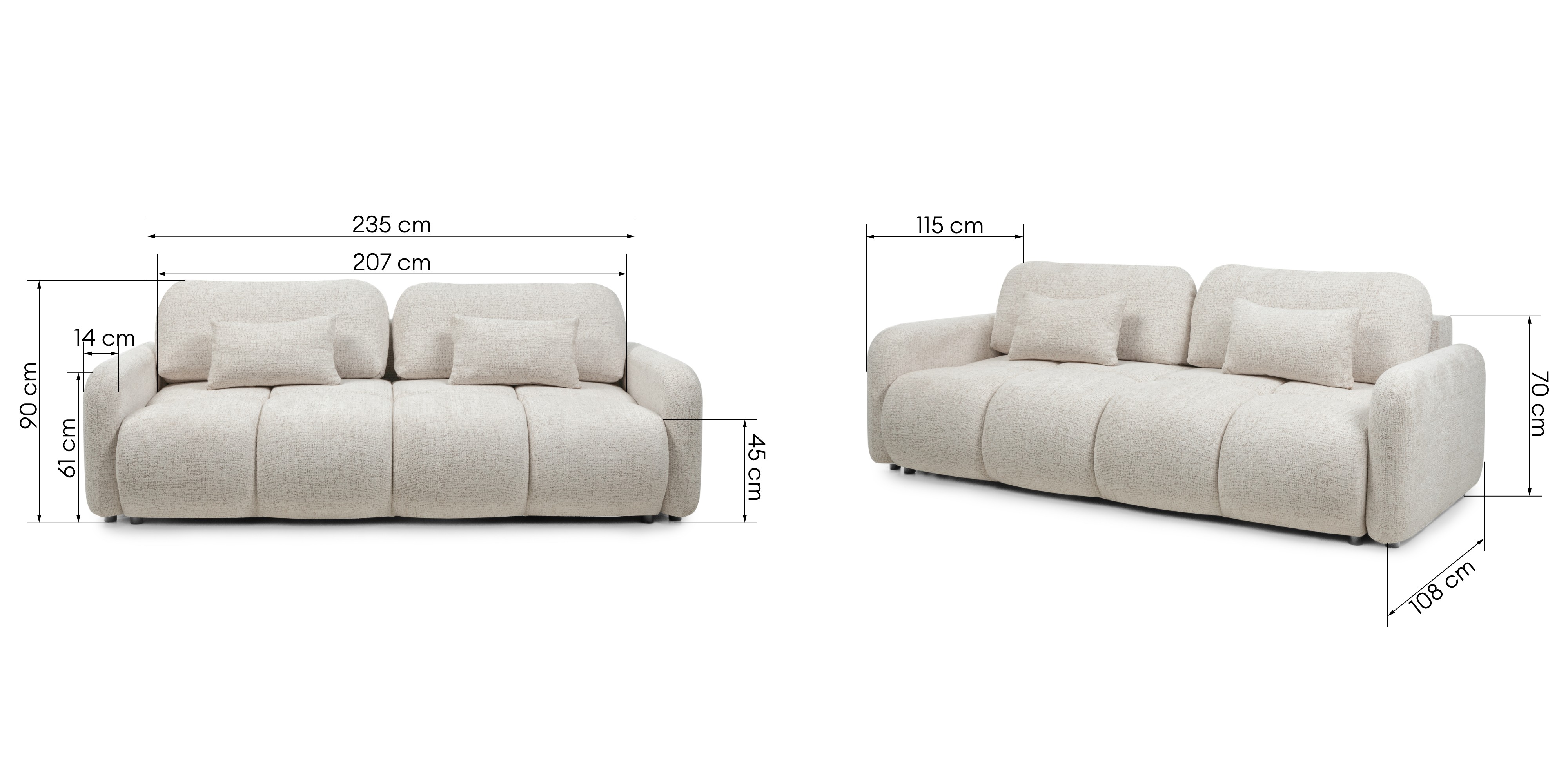 Sofa z funkcją spania i pojemnikiem Nuvola, obłe kształty