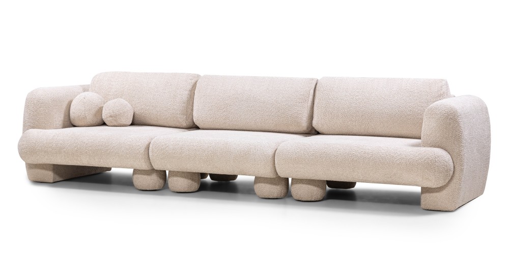 Sofa trzyosobowa Fragola modułowa, jasnobeżowa, boucle, obłe kształty