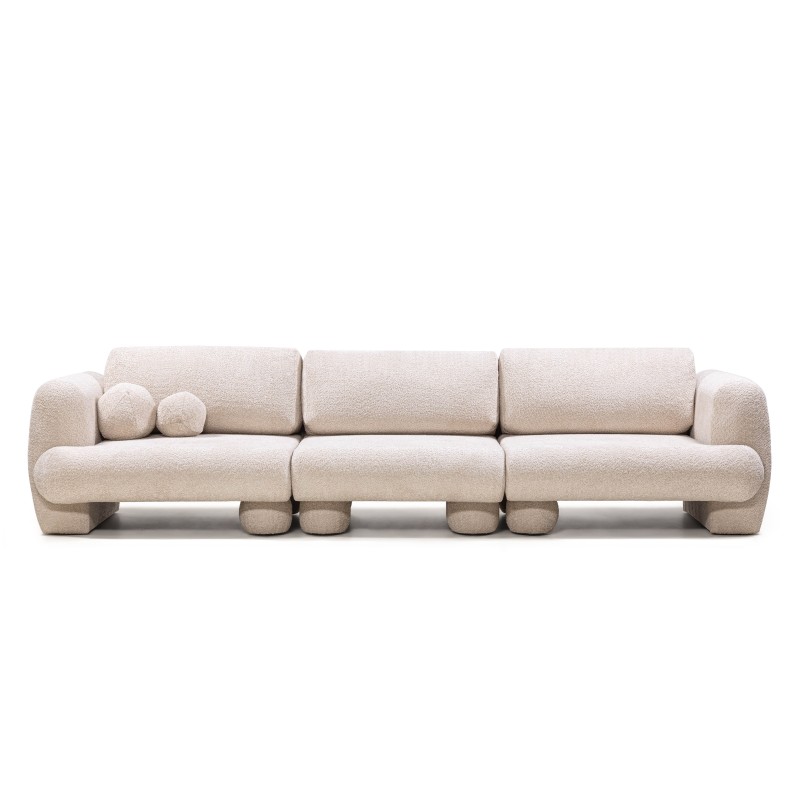 Sofa trzyosobowa Fragola modułowa, jasnobeżowa, boucle, obłe kształty