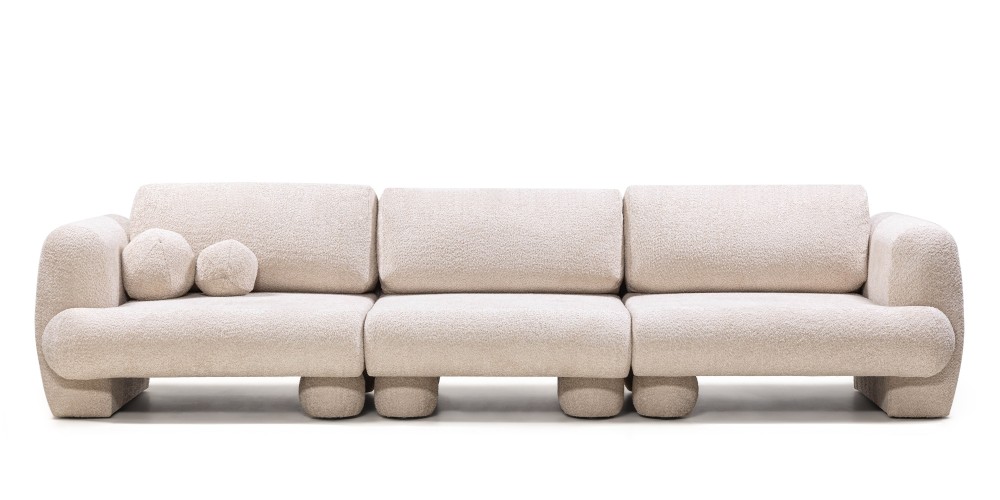 Sofa trzyosobowa Fragola modułowa, jasnobeżowa, boucle, obłe kształty