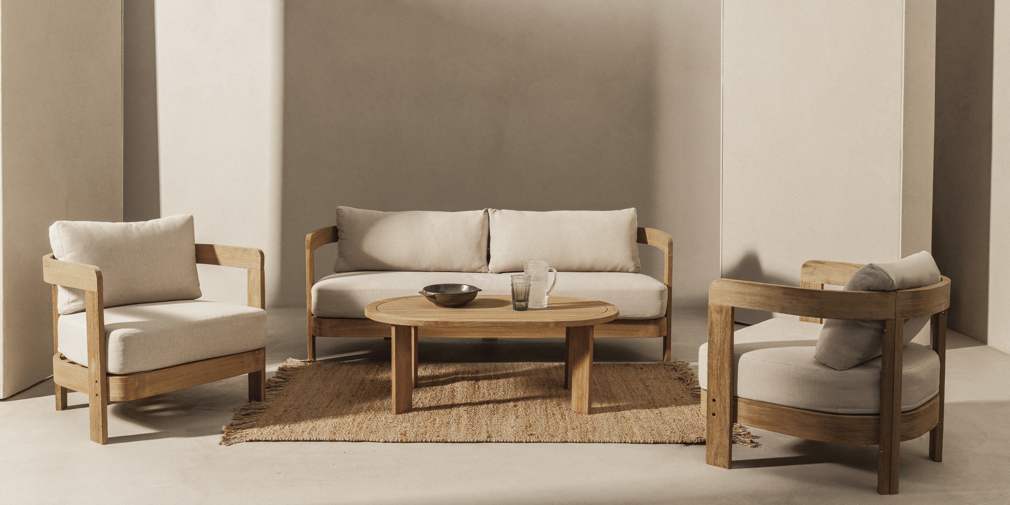 Zestaw ogrodowy Japandi akacja FSC teak look jasnobeżowy