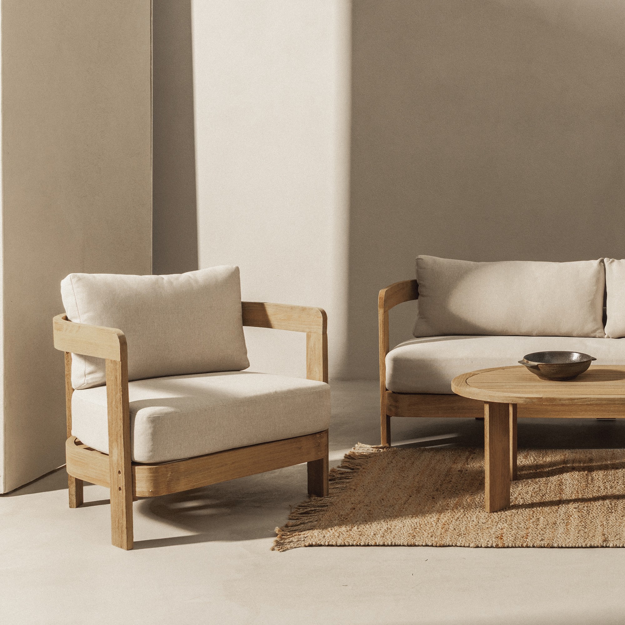 Zestaw ogrodowy Japandi akacja FSC teak look jasnobeżowy