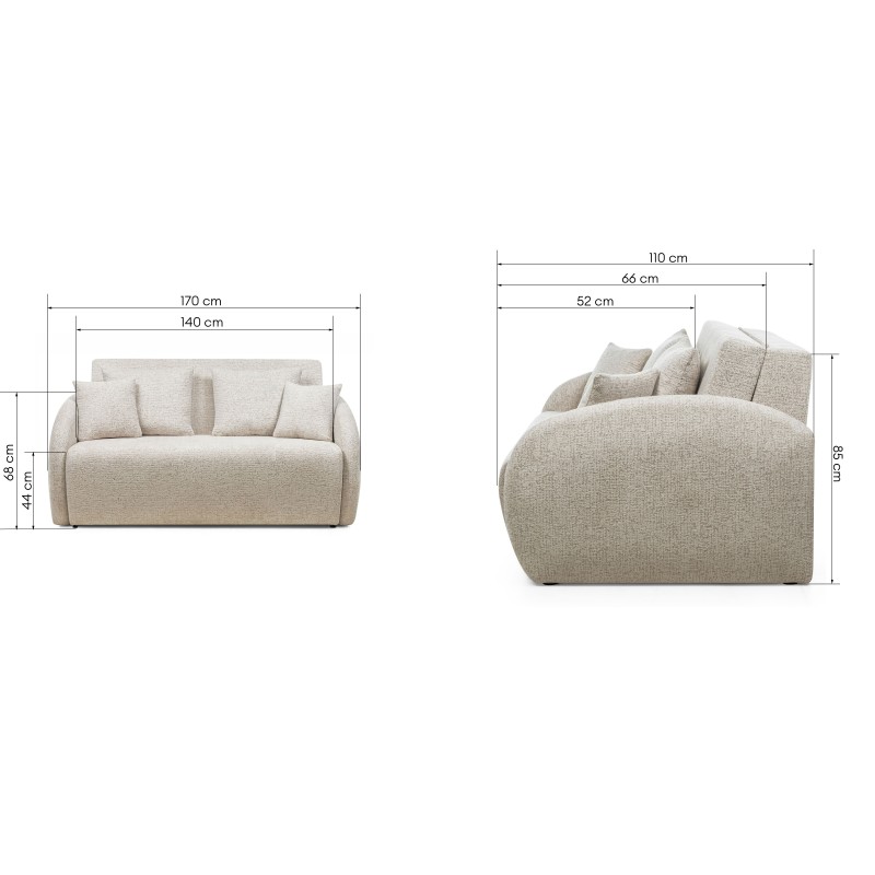 Sofa rozkładana Vesta z pojemnikiem, jasnobeżowa, obłe kształty