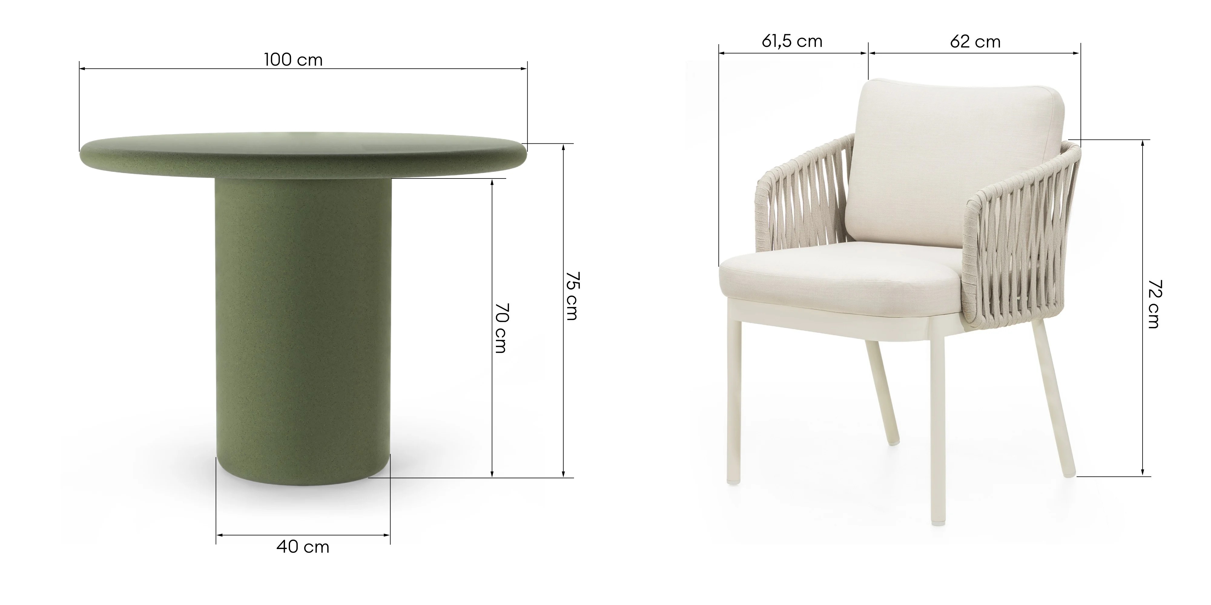 Zestaw ogrodowy Vibonis, zielony stół 100 cm + 4 krzesła z plecionką