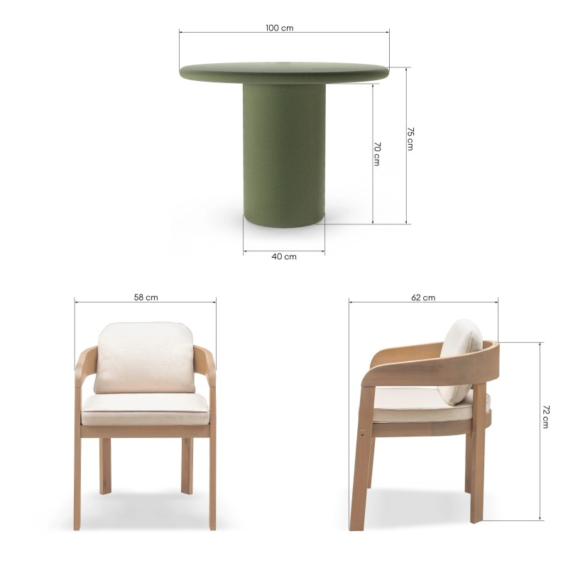 Zestaw Vibonis, zielony stół 100 cm + 4 krzesła, drewno akacjowe FSC