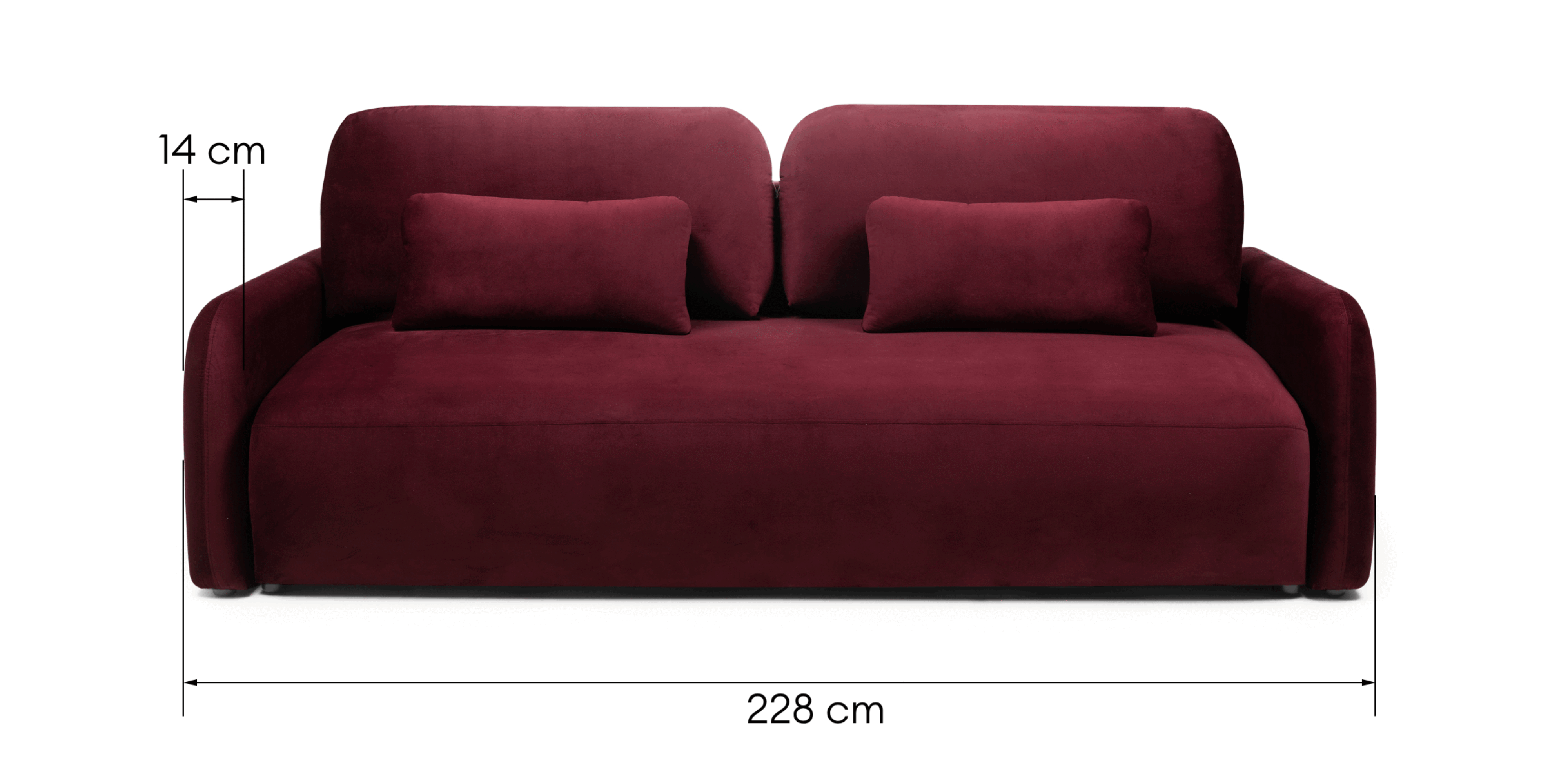 Sofa z funkcją i pojemnikiem Hoschi, obła, welurowa, burgund