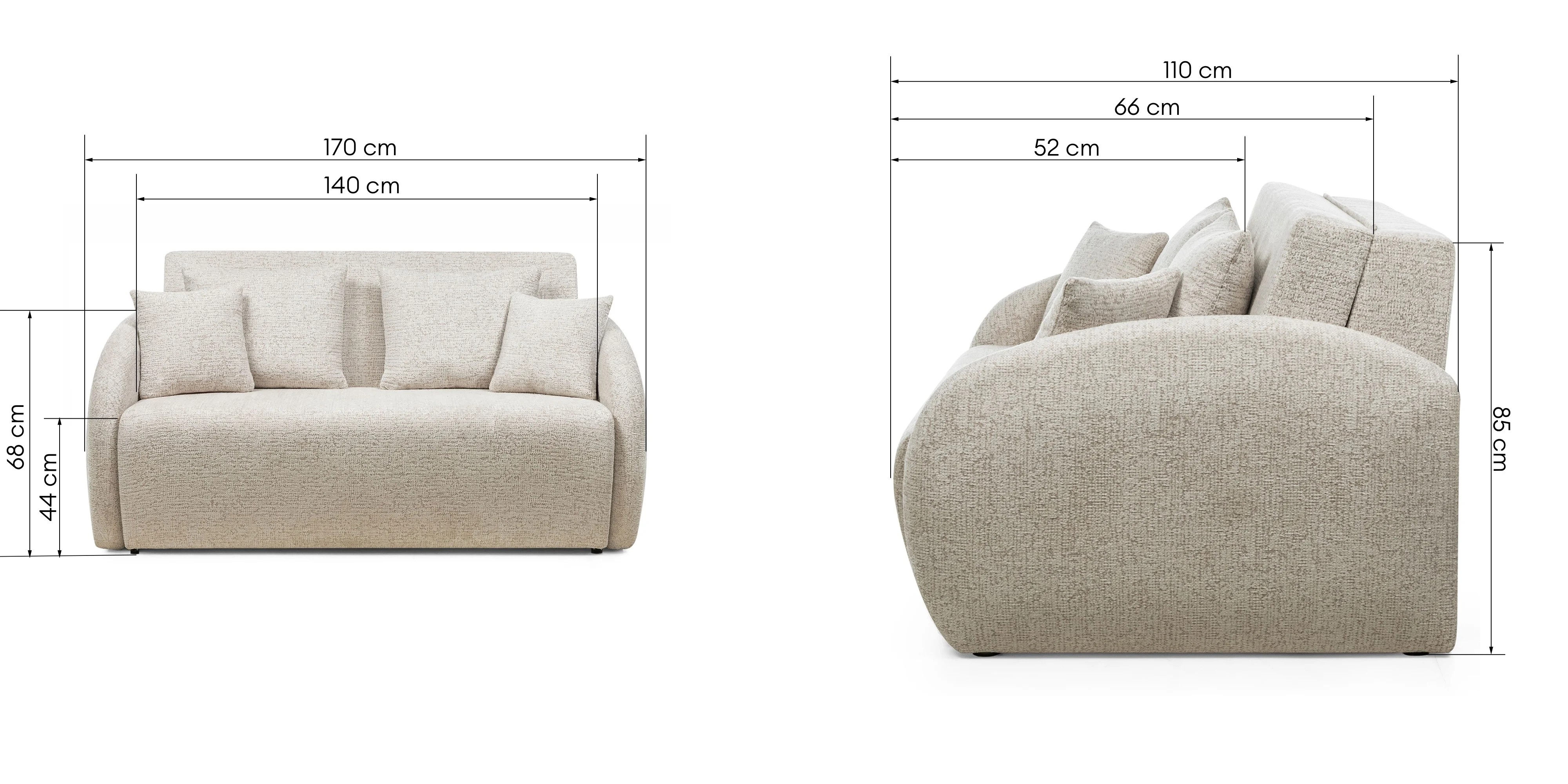 Sofa rozkładana Vesta z pojemnikiem, obłe kształty