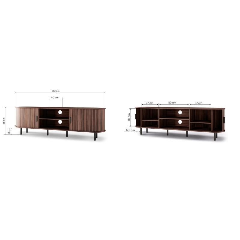 Szafka RTV Gliss otwarta 180 cm, zaokrąglona, lamele, orzech