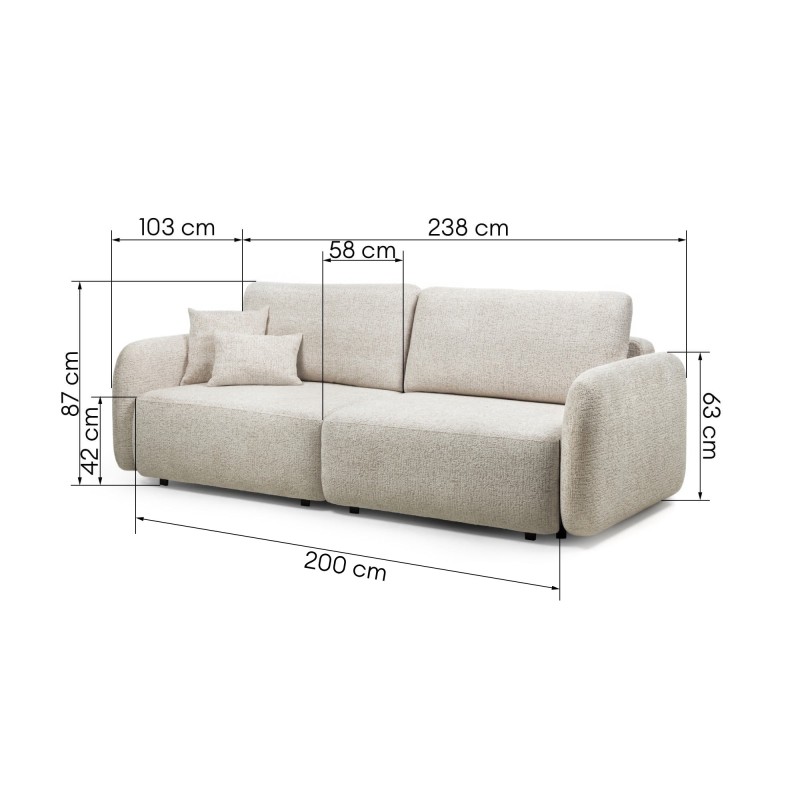 Sofa rozkładana Botse 2P z pojemnikiem, obłe kształty