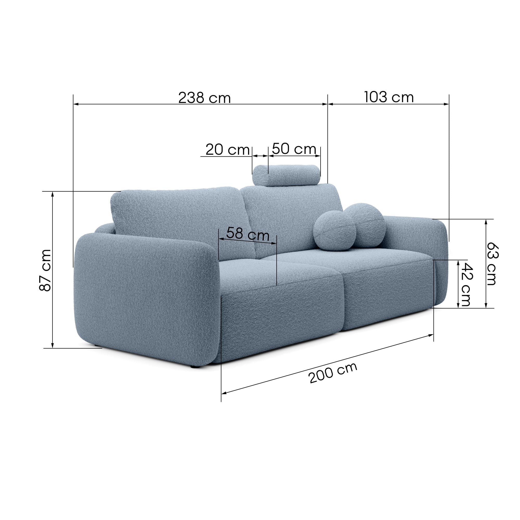 Sofa rozkładana Botse Lux z pojemnikiem, niebieska, boucle