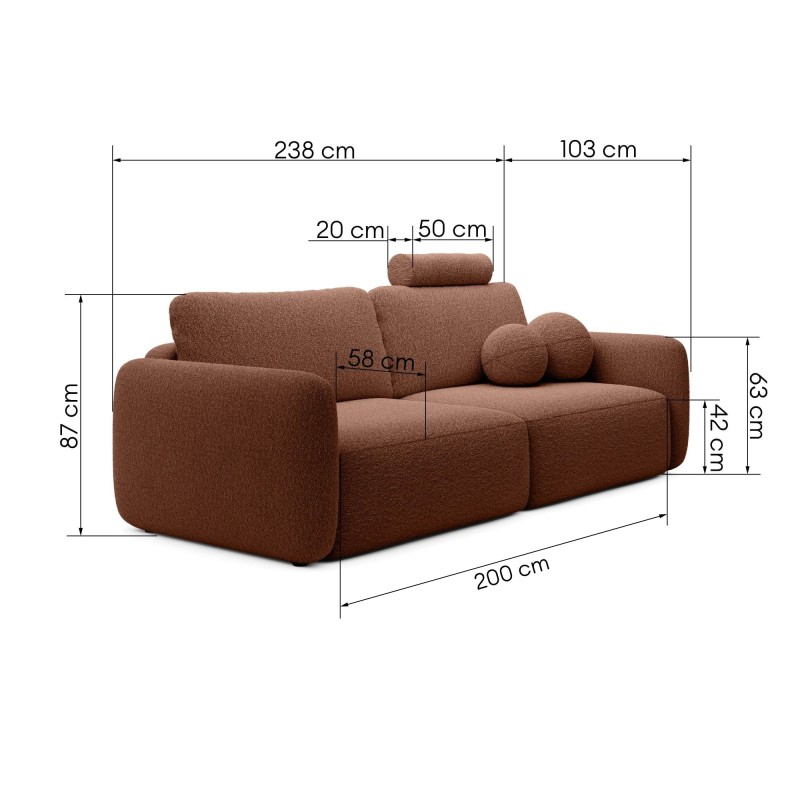Sofa rozkładana Botse Lux z pojemnikiem, miedziana, boucle