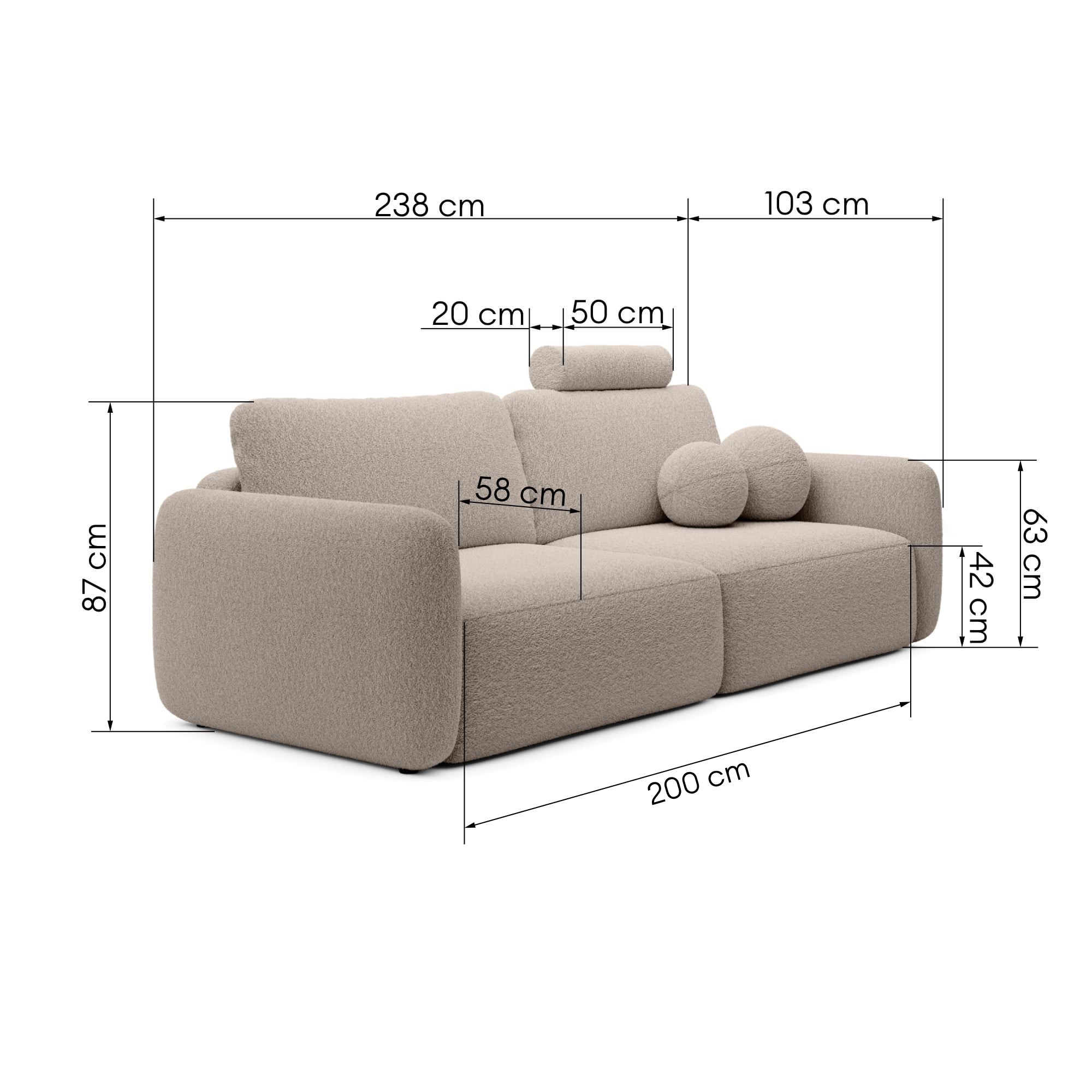 Sofa rozkładana Botse Lux z pojemnikiem, beżowa, boucle