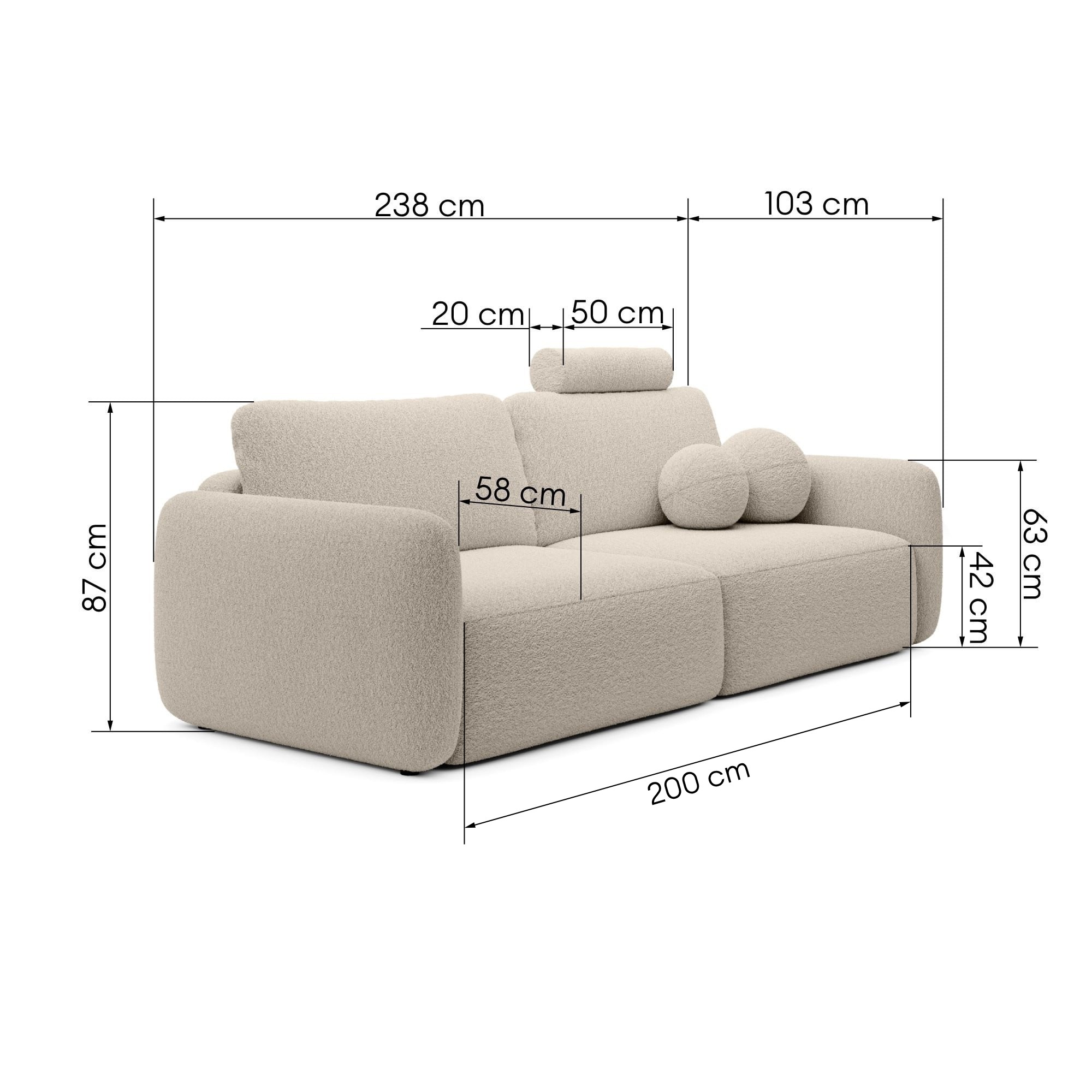 Sofa rozkładana Botse Lux z pojemnikiem, jasnobeżowa, boucle