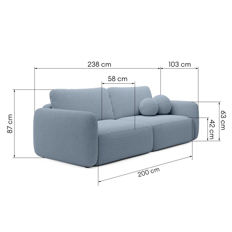 Sofa rozkładana Botse niebieska z pojemnikiem, boucle