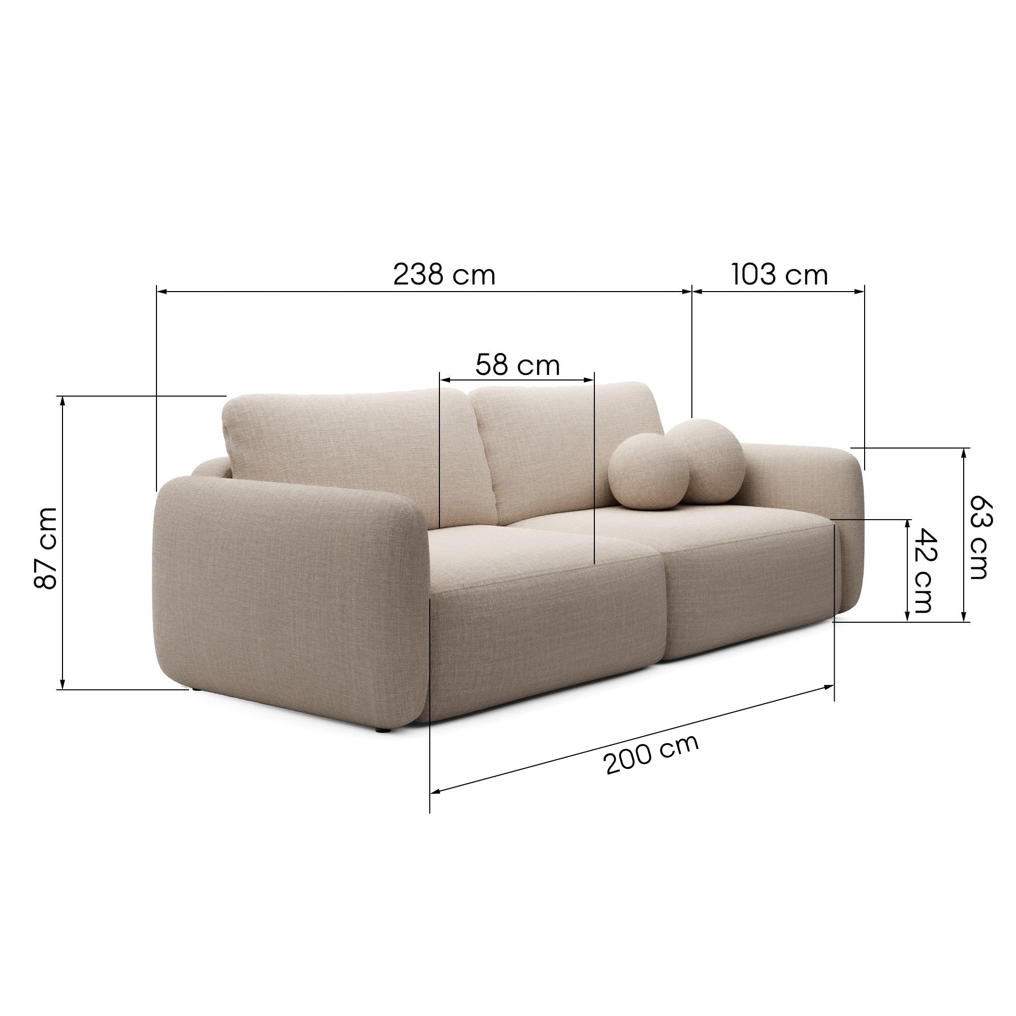 Sofa rozkładana Botse z pojemnikiem, obłe kształty, beżowa