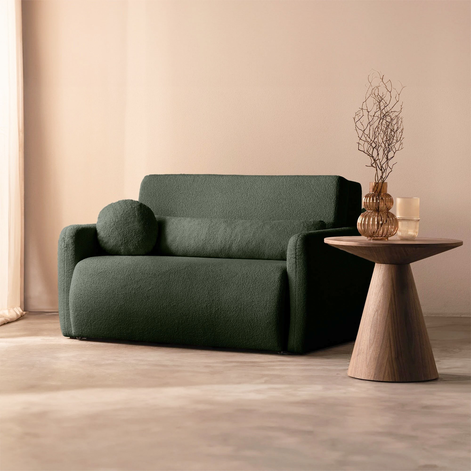 Dwuosobowa sofa rozkładana z pojemnikiem Diosa, ciemnozielona, boucle