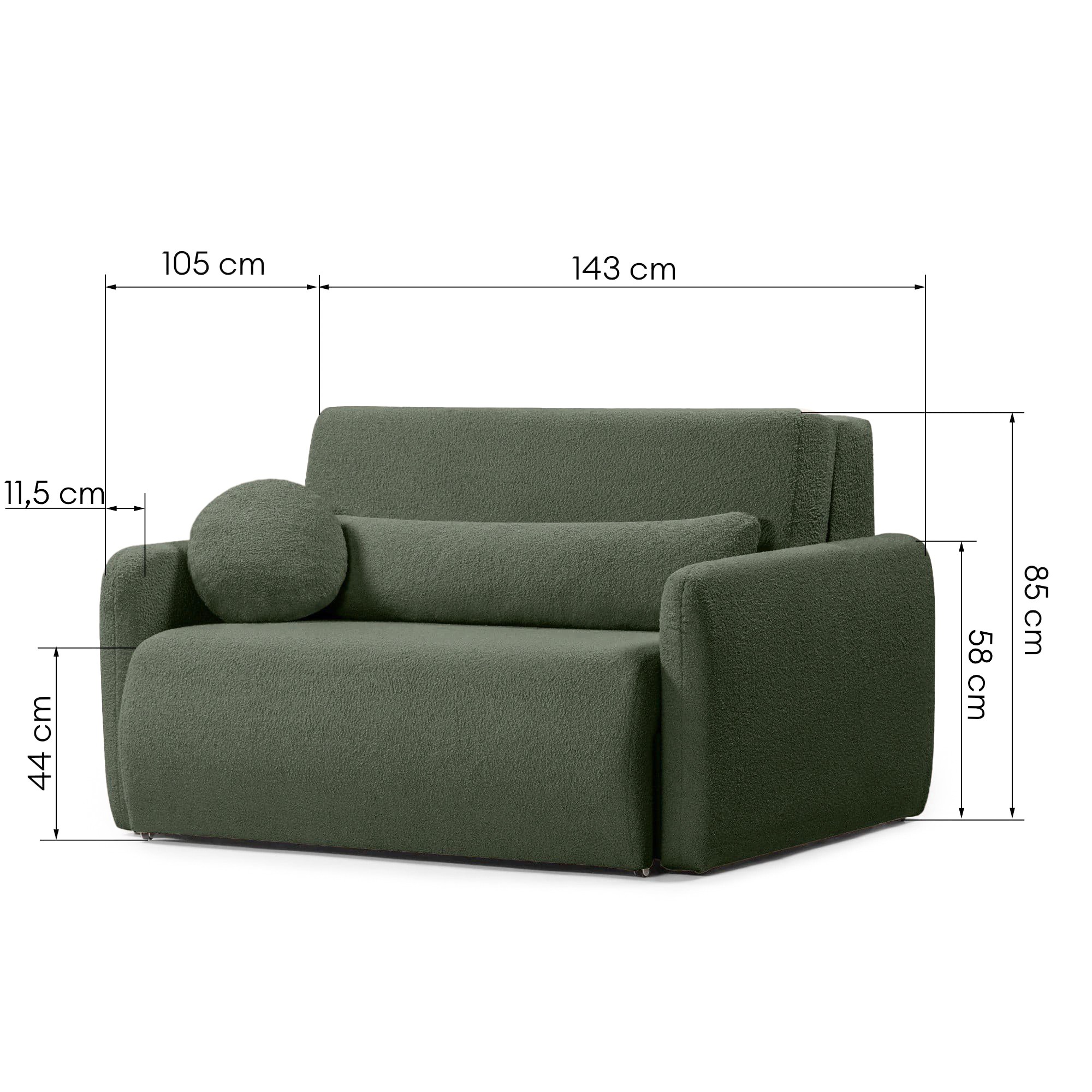Dwuosobowa sofa rozkładana z pojemnikiem Diosa, ciemnozielona, boucle