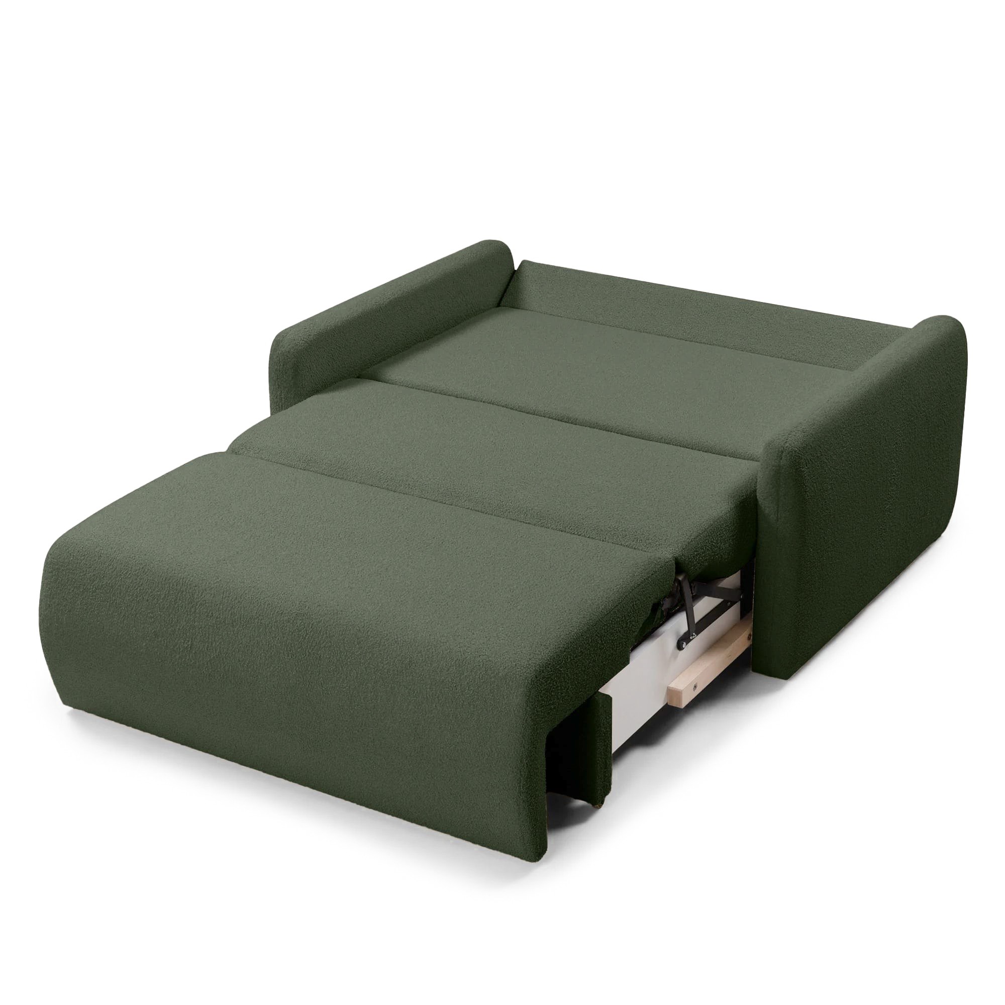 Dwuosobowa sofa rozkładana z pojemnikiem Diosa, ciemnozielona, boucle