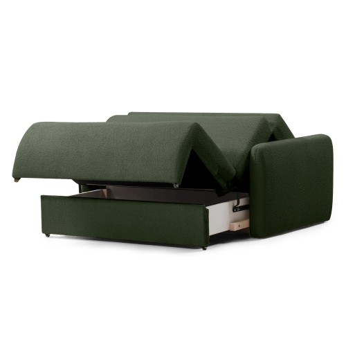 Dwuosobowa sofa rozkładana z pojemnikiem Diosa, ciemnozielona, boucle