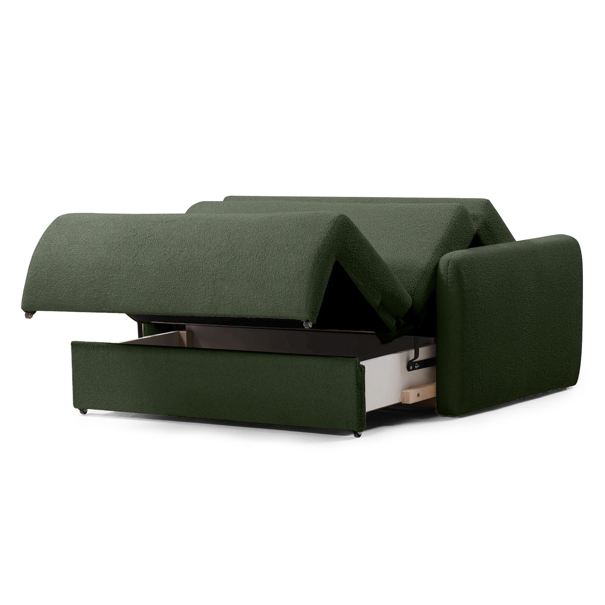 Dwuosobowa sofa rozkładana z pojemnikiem Diosa, ciemnozielona, boucle