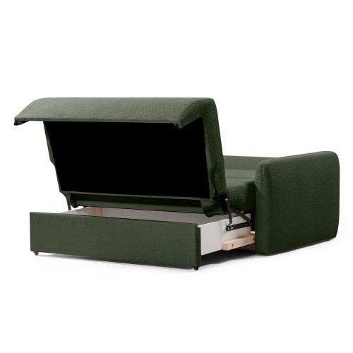Dwuosobowa sofa rozkładana z pojemnikiem Diosa, ciemnozielona, boucle