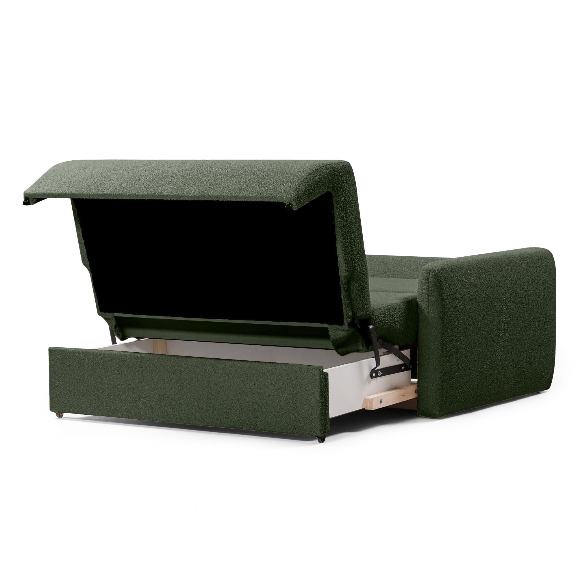 Dwuosobowa sofa rozkładana z pojemnikiem Diosa, ciemnozielona, boucle