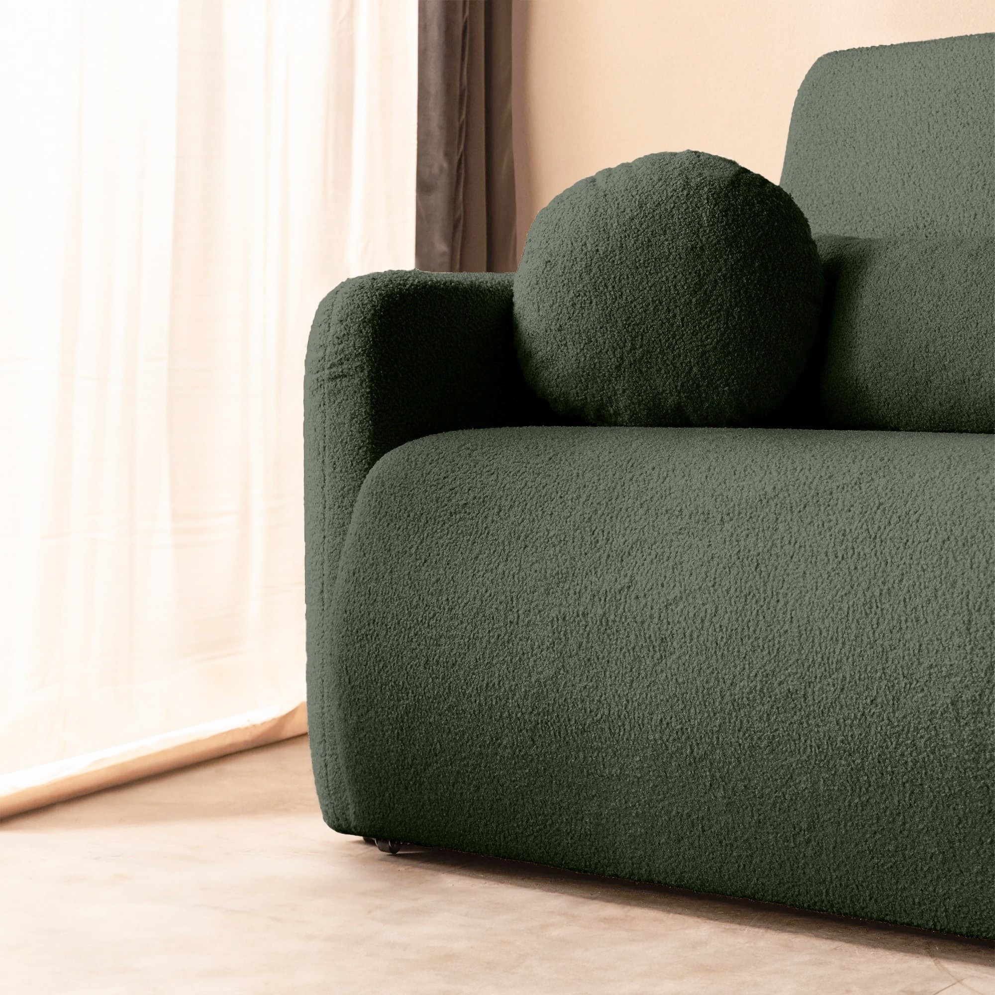 Dwuosobowa sofa rozkładana z pojemnikiem Diosa, ciemnozielona, boucle